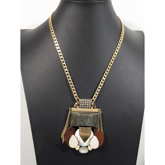 J.Crew Boho Stone Necklace Gold tone Brown Wood Chain Fringe Statement 19 in - Picture 1 of 16